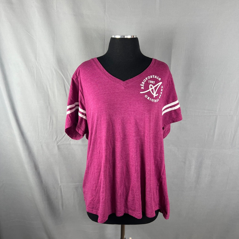 Aeropostale 1987 Sport T Shirt Womens 3X Magenta White Striped Cotton V Neck